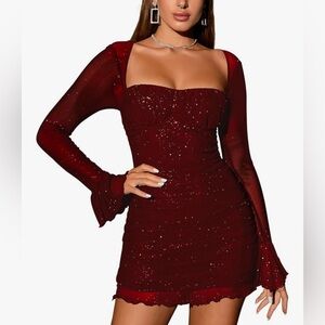 Elegant, Long Flare Sleeve, Ruched Bodycon, Burgundy Dress